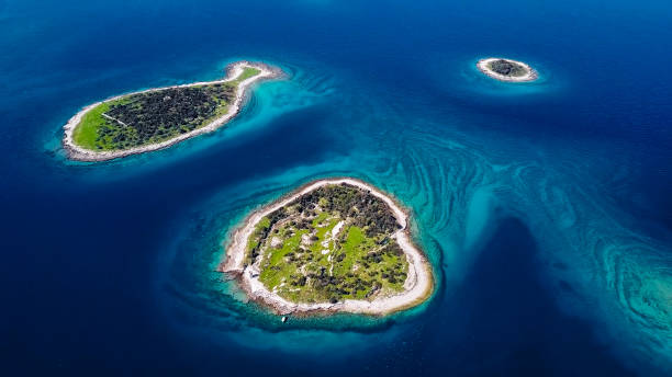 vista aerea delle isole desertiche e dell'isola a forma di pesce gaz, parco brijuni, croazia - arcipelago foto e immagini stock