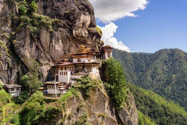 вид на монастырь тактсанг или монастырь тигрового гнезда, знаменитый тибетский буддийский храм на скале в паро бутан - taktsang monastery фотографии стоковые фото и изображения