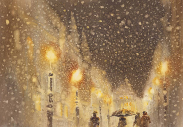 istock Winter illustration with houses on night sky with snow background 1296716941