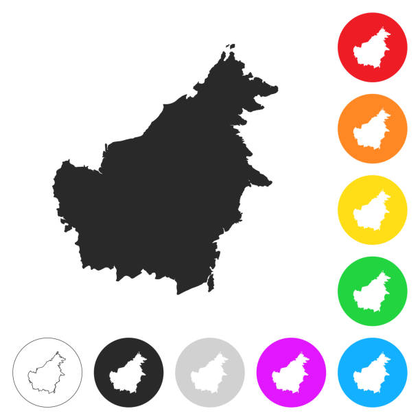 peta borneo - ikon datar pada tombol warna yang berbeda - brunei money ilustrasi stok