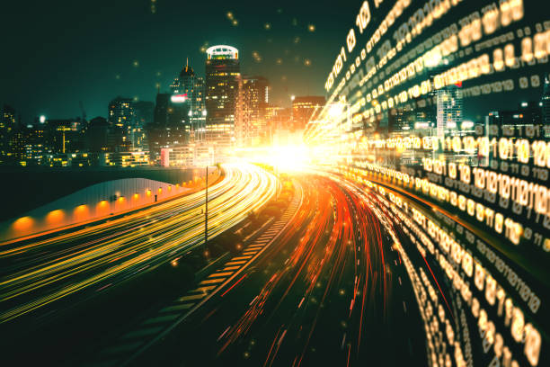 istock Digital data flow on road with motion blur to create vision of fast speed transfer 1296718836