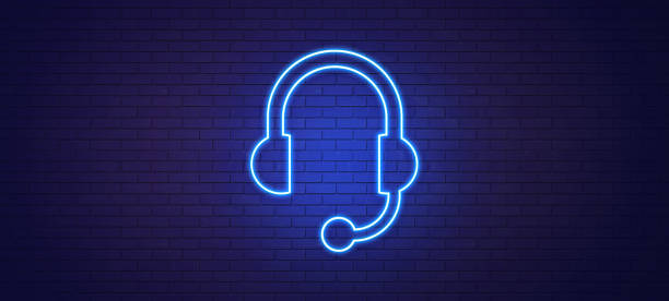 symbol zestawu słuchawkowego narysowany przez niebieskie neonowe światło na czarnej ścianie - it support obrazy zdjęcia i obrazy z banku zdjęć
