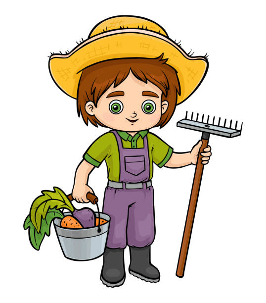 아이들을위한 만화 삽화, 레이크와 양동이와 농부 소년 - 소년 이미지 stock illustrations