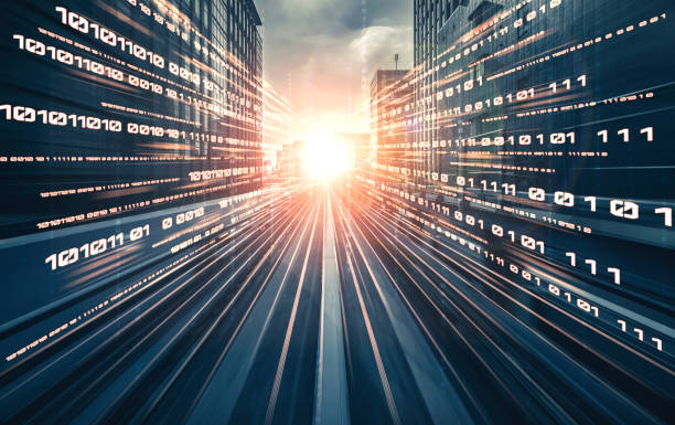 istock Digital data flow on road with motion blur to create vision of fast speed transfer 1296721136