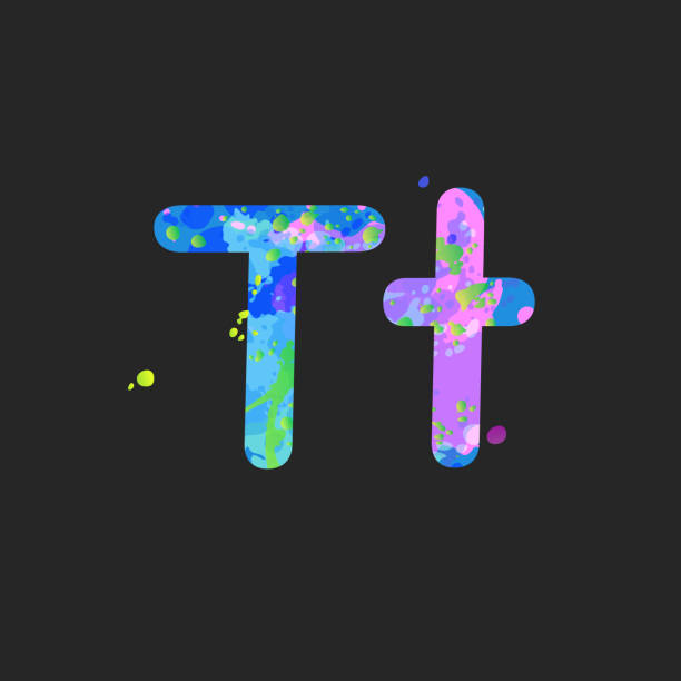 litery t wielkie i małe litery z efektem płynnych plam farby w kolorach niebieskim, zielonym, różowym, wyizolowanym na ciemnoszarym - letter t typescript paint alphabet stock illustrations