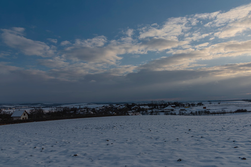 Sunset view near Celoznice village and Kyjov town in winter cold beautiful evening