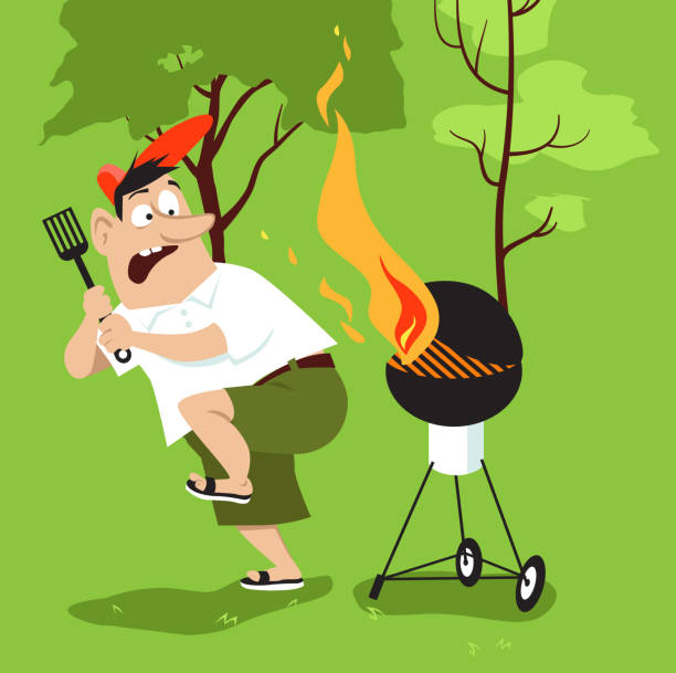 BBQ safety is important Barbequing man ignoring fire safety and scared of flames, EPS 8 vector illustration dangerous steak stock illustrations