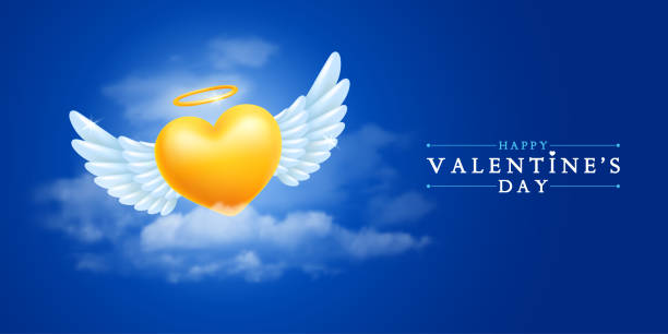 Angel Heart With Wings In Clouds Golden realistic angel heart with white wings flies above the clouds on blue sky background. Happy Valentines day greeting card conceptual design. Vector illustration EPS10. animal limb stock illustrations