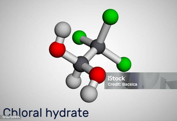 クロラルハイドレートジェミナルジオール麻酔分子塩素催眠鎮静剤抗けいれん薬の合成一水和物分子モデル3d レンダリング 3Dのストックフォトや