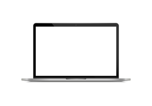 Realistic laptop front view. Laptop modern mockup. Blank screen display notebook. Opened computer screen. Smart device.