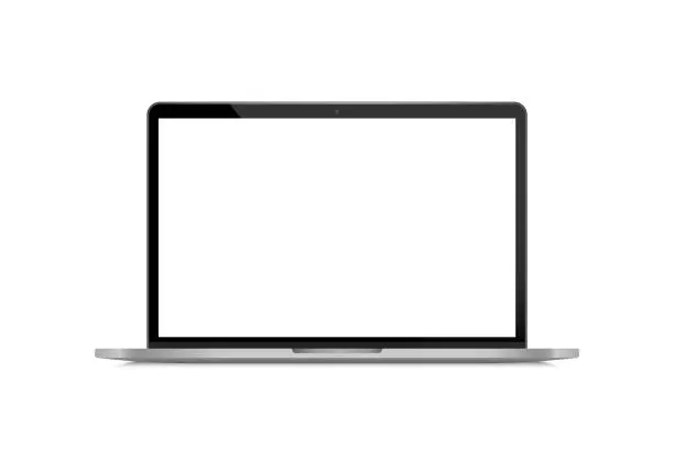 Vector illustration of Realistic laptop front view. Laptop modern mockup. Blank screen display notebook. Opened computer screen. Smart device.
