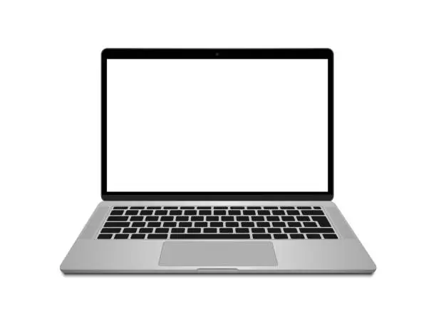 Vector illustration of Realistic laptop front view. Laptop modern mockup. Blank screen display notebook. Opened computer screen with keyboard. Smart device.