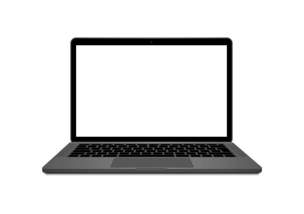 istock Realistic laptop front view. Laptop modern mockup in space gray color. Blank screen display notebook. Opened computer screen with keyboard. Smart device.. 1296732487