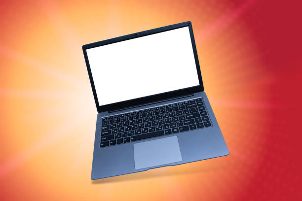 istock Slim modern laptop with white screen mockup on red background with shadow. 1296734568