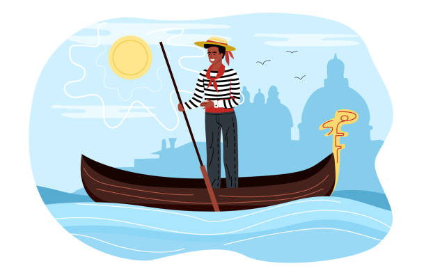 illustrations, cliparts, dessins animés et icônes de gondolier mâle professionnel flottant sur la gondole - illustration and painting black drawing clip art