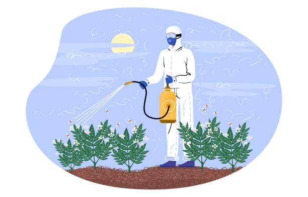 Character in special costume spraying pesticides Character in special costume spraying pesticides. Farmer spraying pesticide chemicals on plants in garden. Pest control worker man with spray equipment. Flat cartoon vector illustration fertilizer illustrations stock illustrations