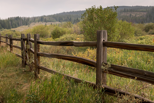 Old wooden fence on a ranch in Colorado overlooking a green pasture and trees