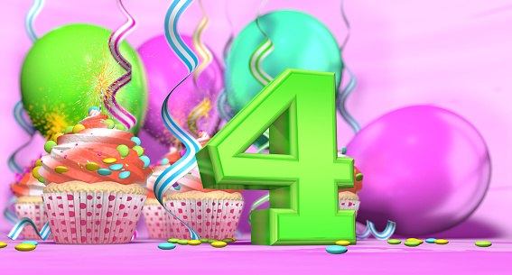 Birthday cupcake with sparking candle with the number 4 large in green with cupcakes with red cream decorated with chocolate chips and balloons on the back on a pink background. 3D illustration