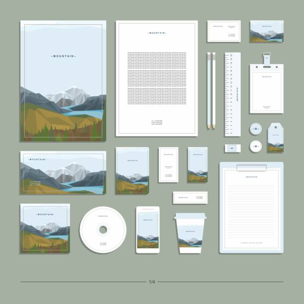 Abstract geometric corporate identity with illustration of mountain landscape. Stationery set. Creative design. Abstract geometric corporate identity with illustration of mountain landscape. Stationery set. Creative graphic design. corporate identity stock illustrations