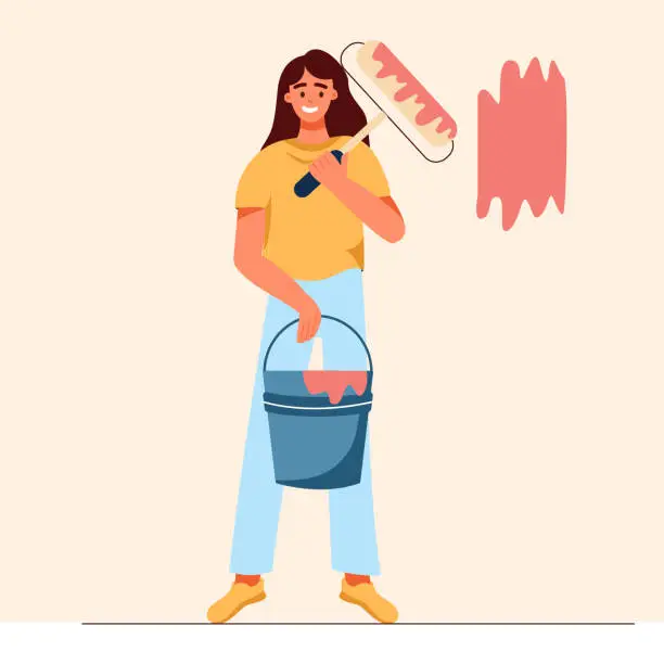 Vector illustration of The girl holds a roller with paint and a bucket of paint, home repairs, painting walls in the house, apartment, professional painter. Vector flat illustration