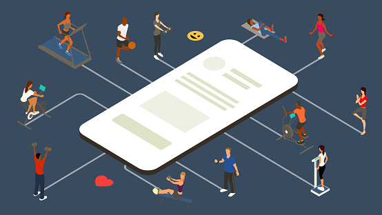 Illustration of an oversized, generic mobile phone connected to 12 people meeting health goals in different ways (exercise bike, treadmill running, basketball, free weights, stretching, jump rope, meditation, elliptical, core exercise) — to communicate the concept of a workout or health tracking app. Vector illustration presented in isometric view on a dark blue background. A heart and smiley emoticon add notes of positivity.