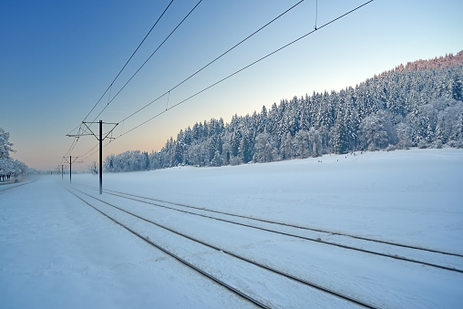 Tramline in the winter in Freiburg, Germany