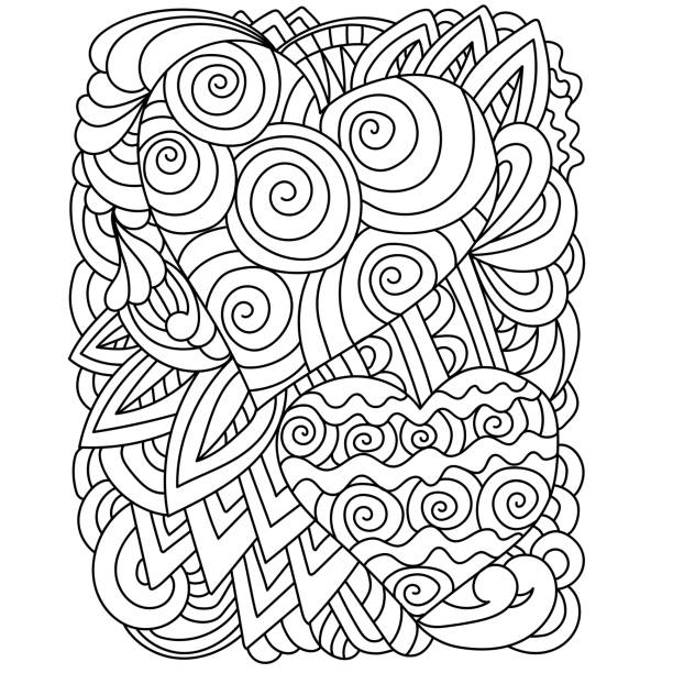 ilustrações, clipart, desenhos animados e ícones de página de coloração ornamentada com corações e cachos em espiral, corante anti estresse para o dia dos namorados - spiral plant attribute style invitation