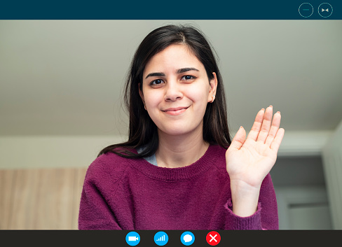 Web camera video call computer software application screen view smiling millennial beautiful girl making hello gesture starting conversation with friend, distant communication, quarantine lifestyle.