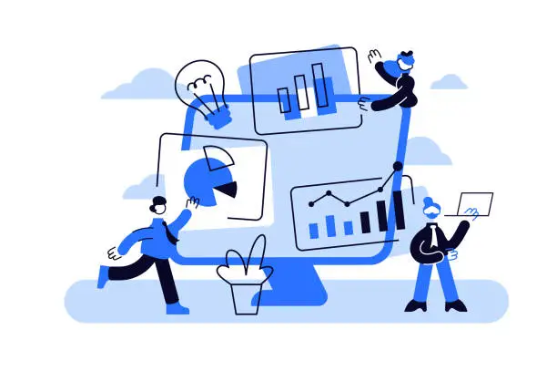 Vector illustration of Market statistics analysis, marketing strategy development. Business research