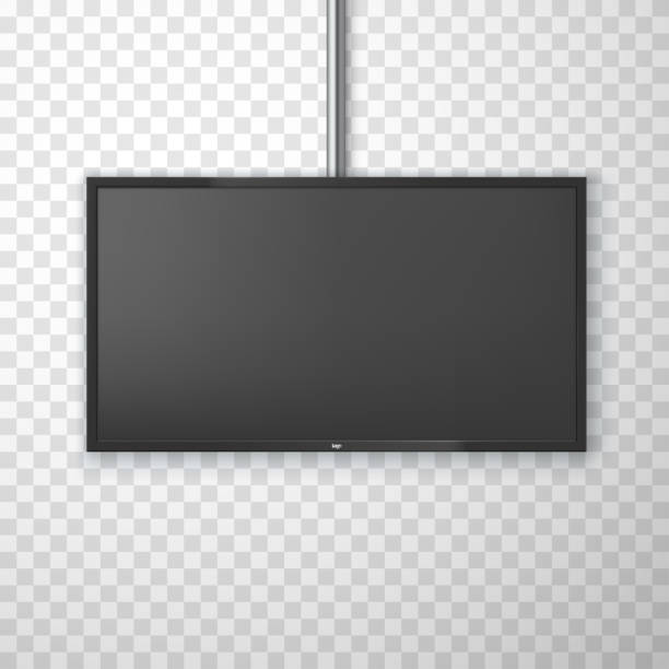 Hanging screen realistic mockup. Widescreen empty monitor template. Copy space. LCD panel. Hanging screen realistic mockup. Widescreen empty monitor template. Copy space. Place for your image. LCD panel, modern digital device, display. Vector illustration isolated on transparent background. hanging stock illustrations