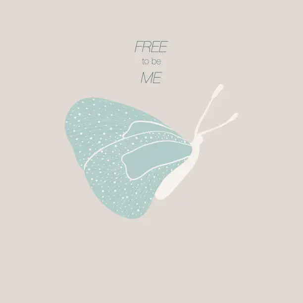 Vector illustration of Butterfly in jade green and creamy white colors with Free to be Me caption on light background.