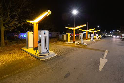 Wide shot of pumps at a petrol station in the North East of England. Image taken during a cost of living crisis.
