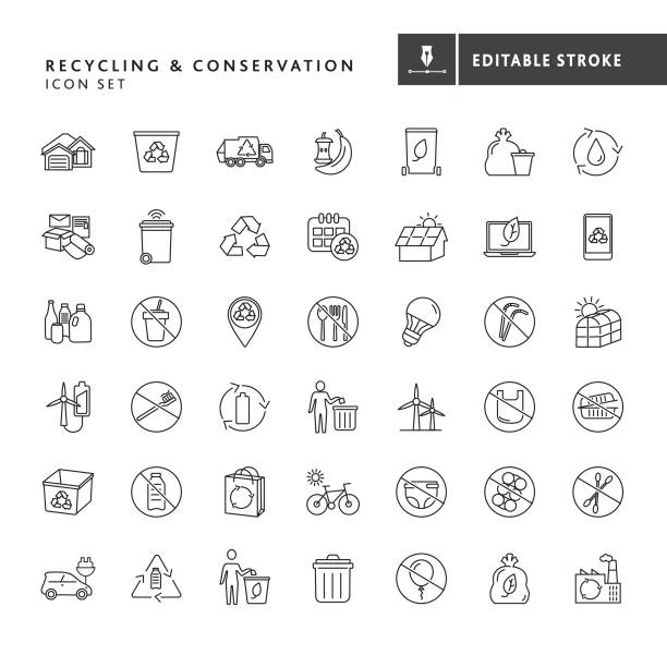 ilustraciones, imágenes clip art, dibujos animados e iconos de stock de conjunto de iconos de reciclaje y conservación ambiental - recycling paper garbage landfill