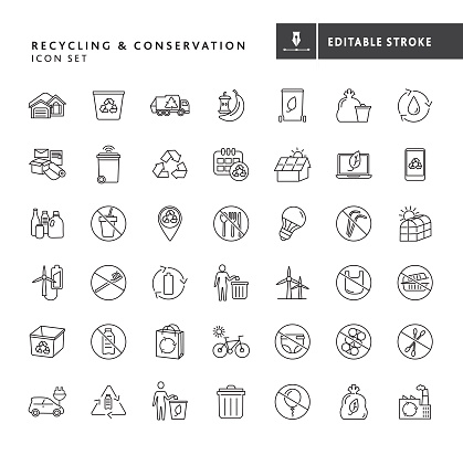 Vector illustration of a big set of 43 recycling and conservation line icons. Includes residential home, blue box, compost, recycling bin, water conservation, paper products, solar energy, e-waste, plastic bottles, led lightbulb, no single use items, rechargeable batteries, wind turbines, reusable grocery bag, electric car, and recycling facility on white background with no white box below. Fully editable stroke outline for easy editing. Simple set that includes vector eps and high resolution jpg in download.