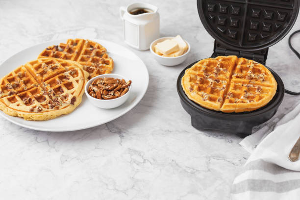 Homemade Pecan Waffles on White Countertop