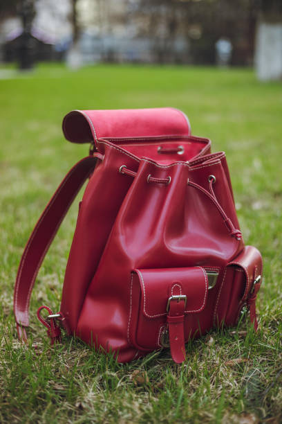 istock Stylish Backpack and sunglasses on green grass. 1296761544