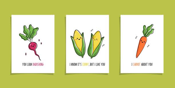 Set Of Cards With Veggies And Funny Phrases Puns With Cute Radish Corns And  Carrot Kawaii Drawing Of Vegetables Stock Illustration - Download Image Now  - iStock