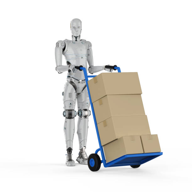 Automatic warehouse concept with 3d rendering automation robot with hand truck
