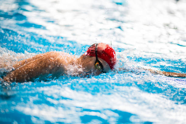 Professional swimmer swimming in the pool. Swimmer swimming  front crawl at the race