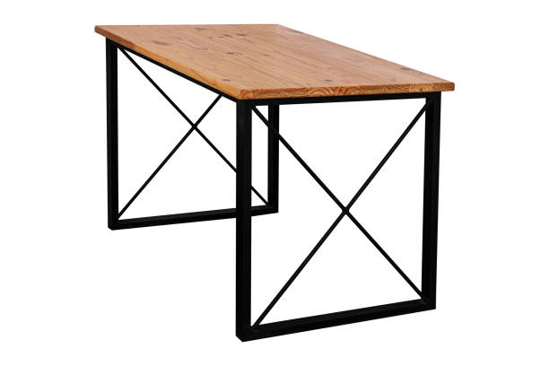istock Modern wooden table with steel legs on white background 1296774314