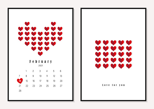 Valentine's Day concept. February 14, 2021, Calendar Valentine's Day decorated with red paper hearts isolated on white background. Symbols of love. Vector illustration.