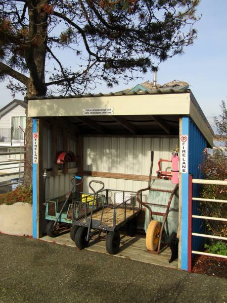 Shed with wheelbarrows, utility carts, hose and fire distinguisher