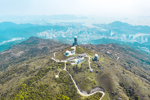 Drone view of Tai Mo Shan radar station in Hong Kong