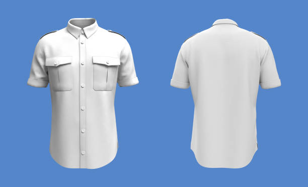 istock Men's white short sleeves military shirt mockup 1296786529