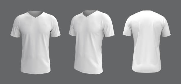 남성 v넥 반소매 티셔츠 모형 앞, 측면 및 후면 보기 - 짧은 소매 뉴스 사진 이미지
