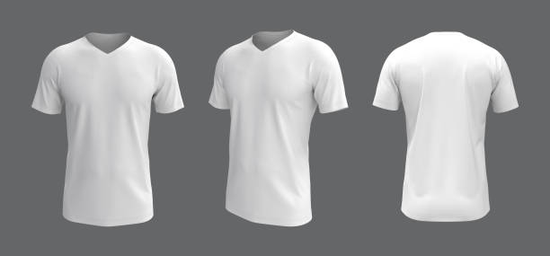 men's v-neck short-sleeve t-shirt mockup in front, side and back views men's v-neck short-sleeve t-shirt mockup in front, side and back views, design presentation for print, 3d illustration, 3d rendering short sleeved stock pictures, royalty-free photos & images