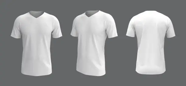 men's v-neck short-sleeve t-shirt mockup in front, side and back views, design presentation for print, 3d illustration, 3d rendering