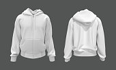 Blank white hooded sweatshirt mockup with zipper in front and back views