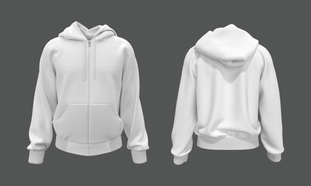 Blank white hooded sweatshirt mockup with zipper in front and back views Blank hooded sweatshirt mockup with zipper in front and back views, isolated on grey background, 3d rendering, 3d illustration hooded shirt stock pictures, royalty-free photos & images