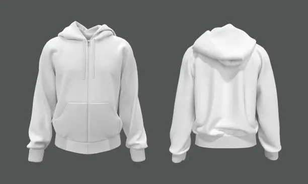 Photo of Blank white hooded sweatshirt mockup with zipper in front and back views